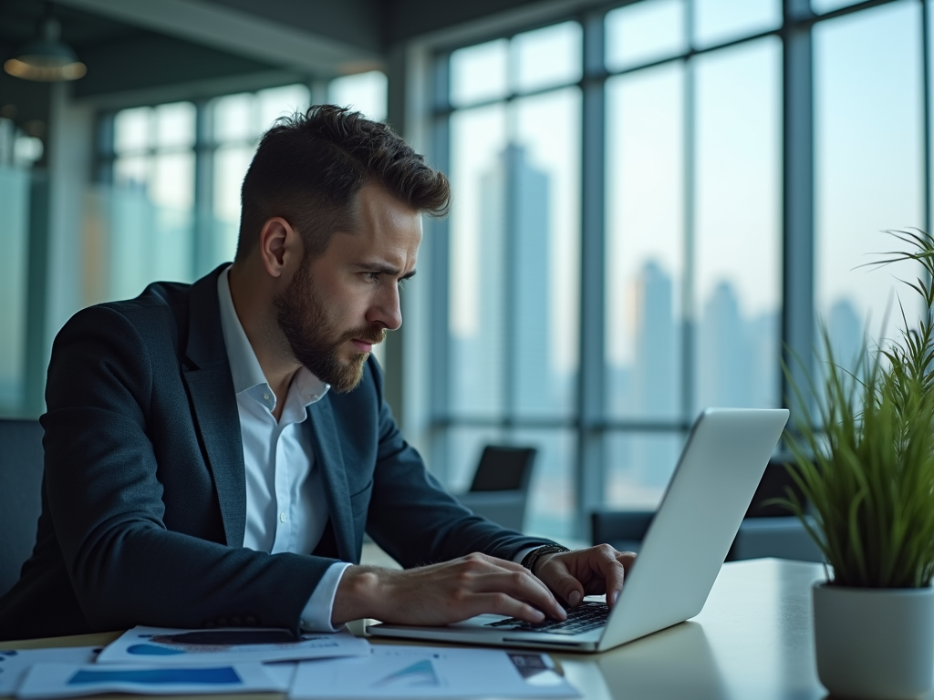 Concentrated businessman using laptop in modern office with cityscape in background.