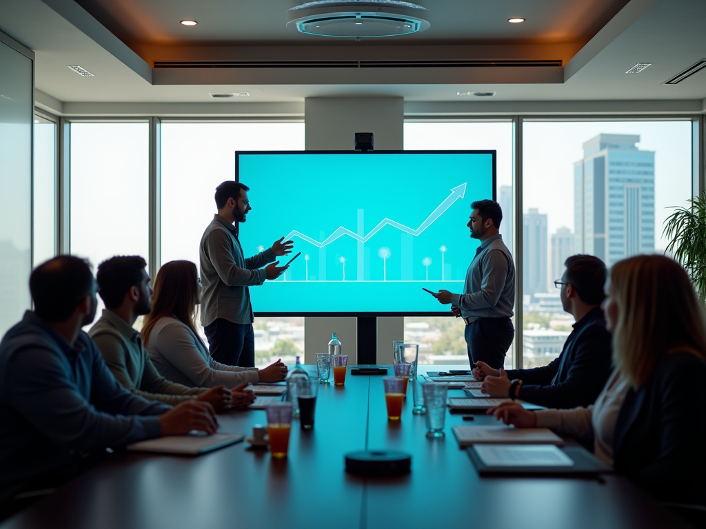 Two men discuss a rising graph on a screen in a meeting room with colleagues listening.