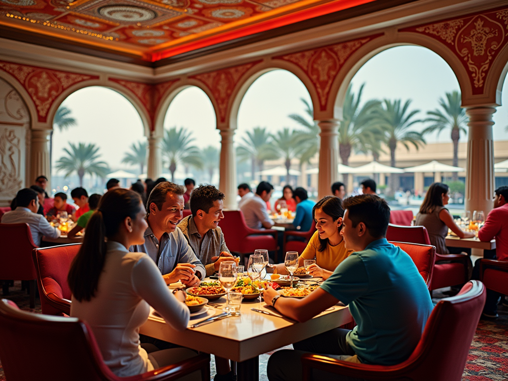 Group of people enjoying a meal in a luxurious, ornately decorated restaurant with arches and red seating.