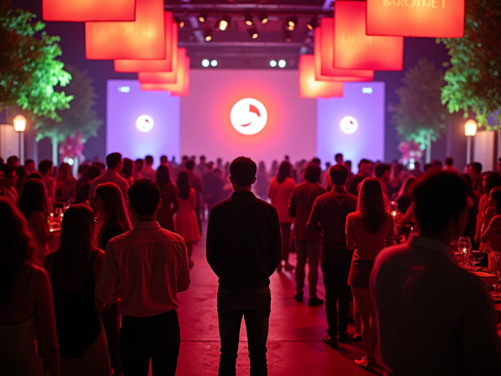 Crowded event with people watching a stage illuminated by red lights and floating banners.