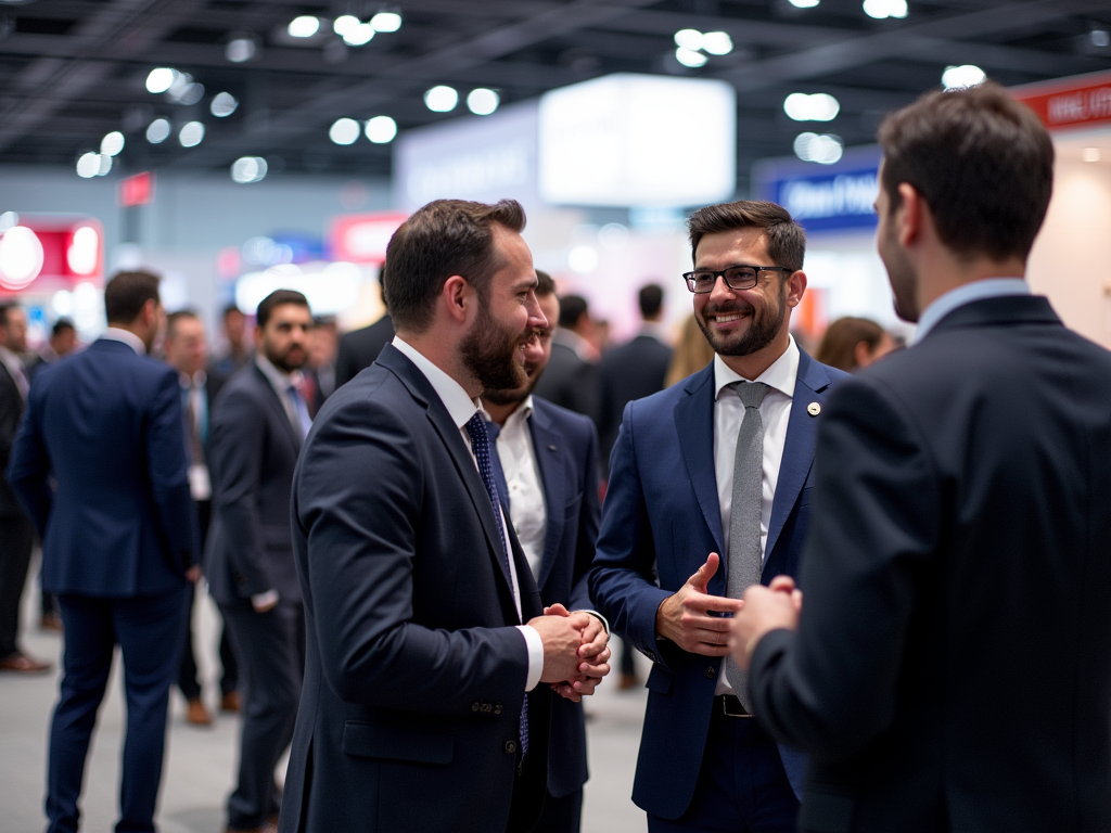 Two men in suits shaking hands and smiling at a busy conference.