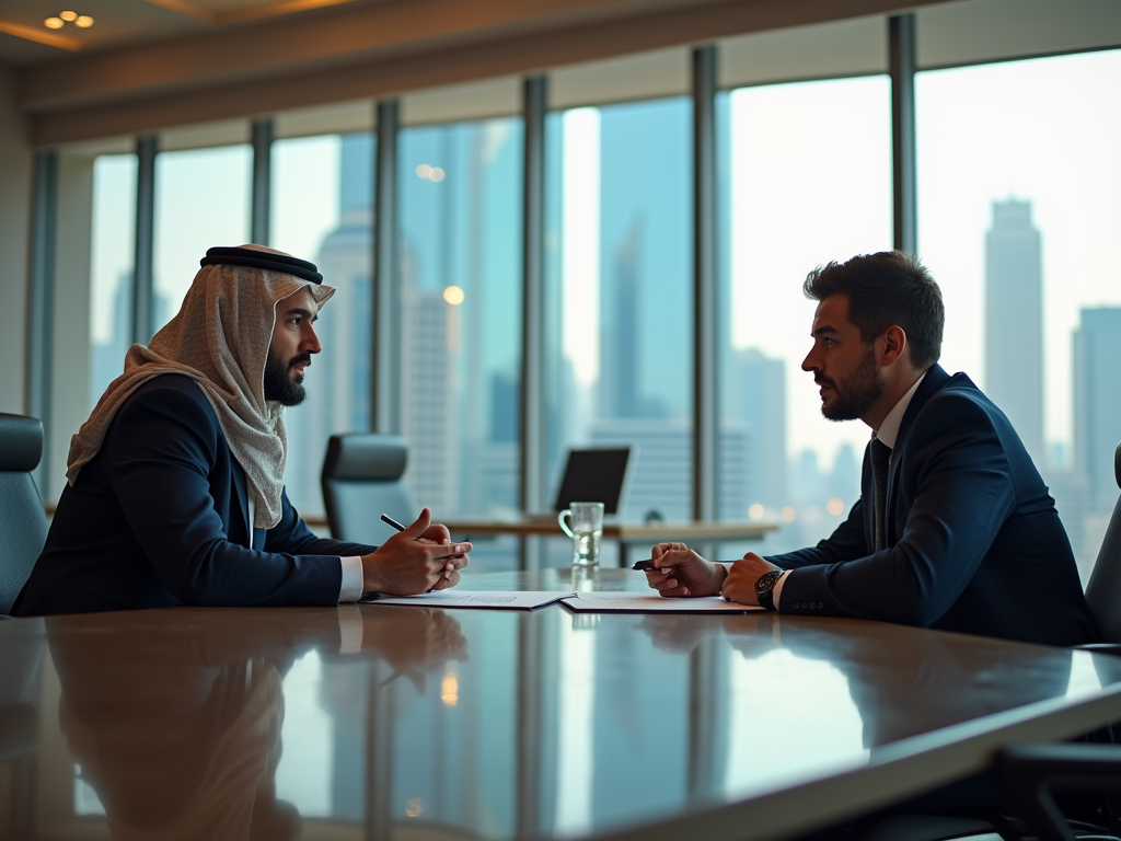 Two businessmen in a meeting, one in traditional attire, in a high-rise office overlooking the city.