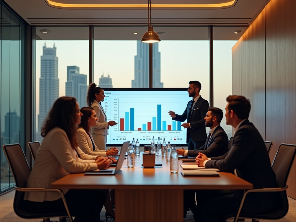 Business presentation in a modern office with cityscape backdrop, man pointing at data chart.