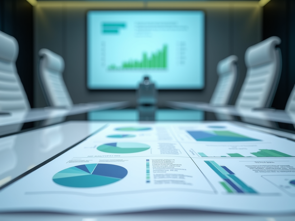 Modern conference room with a focus on financial charts and a presentation screen displaying graphs.