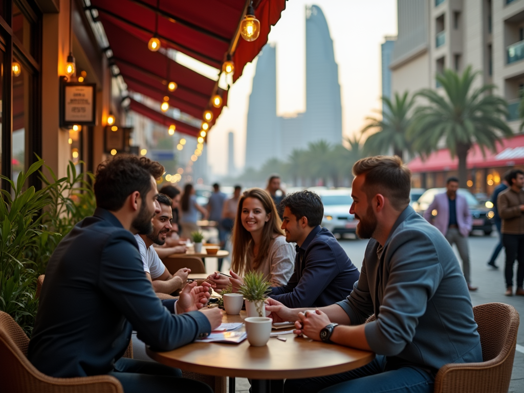 Group of friends enjoying conversation at an outdoor cafe with city buildings in the background.