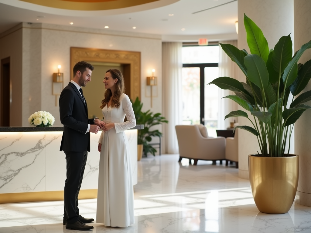 Couple holding hands and smiling at each other in an elegant hotel lobby.