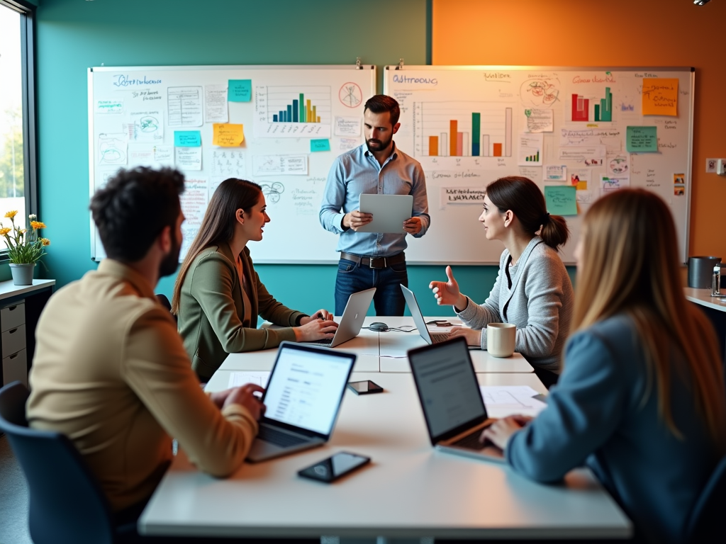 Team meeting in a colorful office with one man presenting to three colleagues.