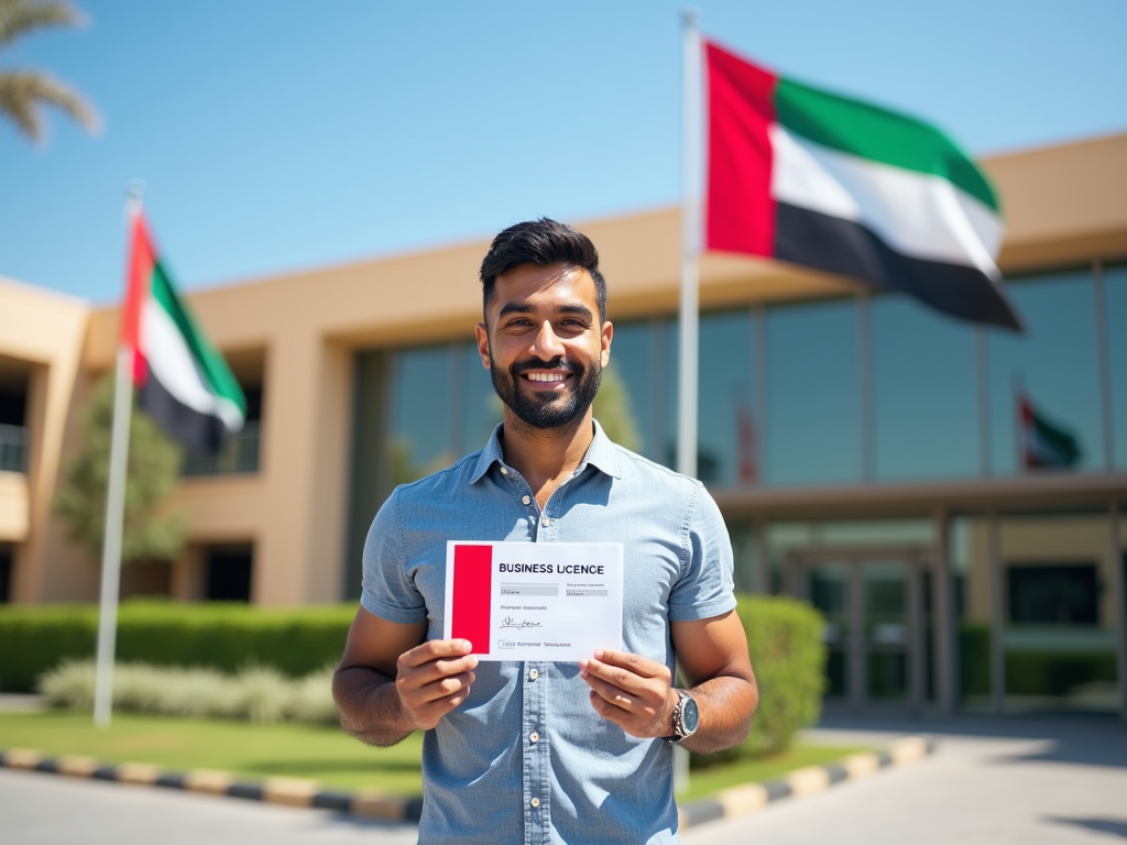 Man holding a business license in front of a building with UAE flags.