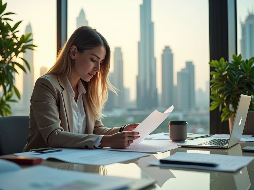 Woman reading document at desk with laptop, coffee, and city skyline in background.