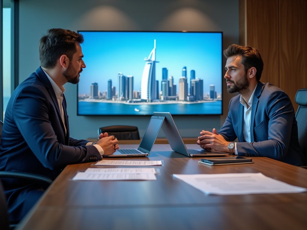 Two businessmen in a meeting, laptop open, with a city skyline on a screen in the background.