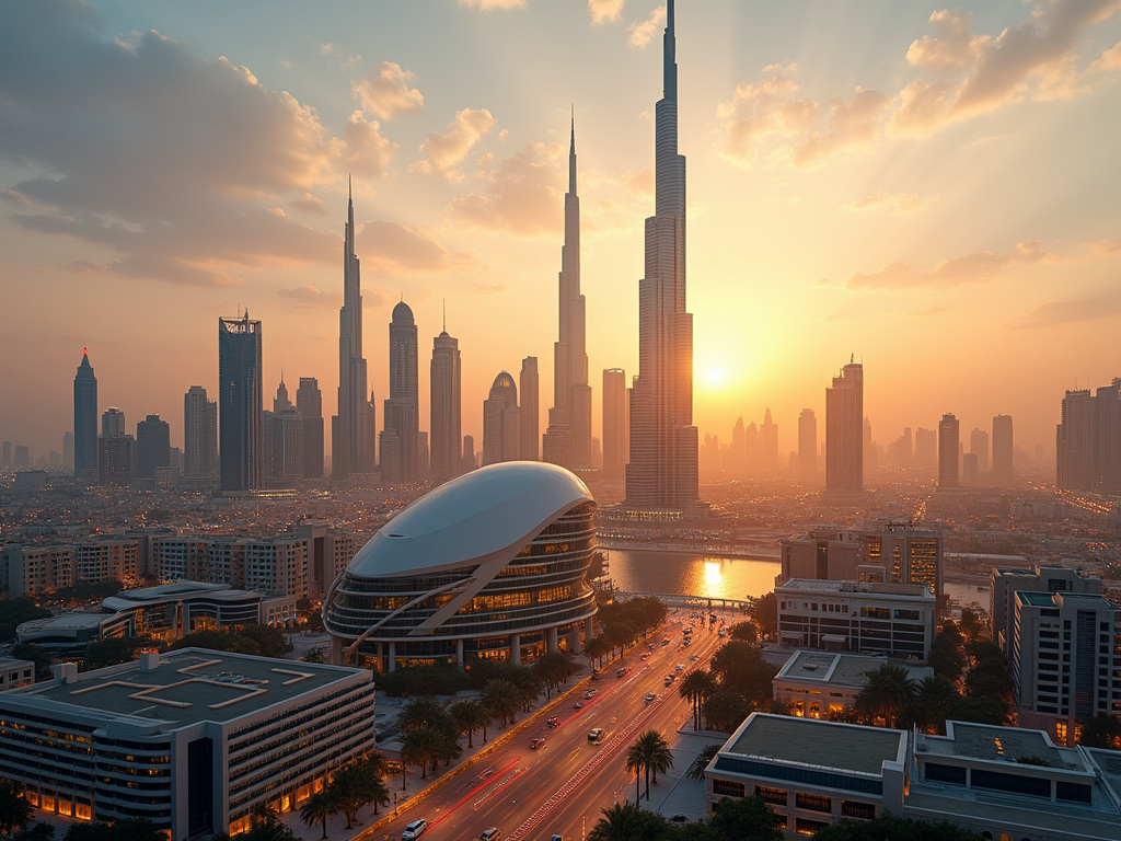 Sunset over Dubai skyline, highlighting the Burj Khalifa and cityscape with hazy golden light.