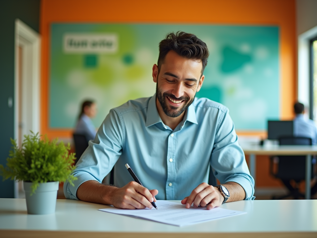 A smiling man in a blue shirt writing on paper at a desk in a colorful office environment.