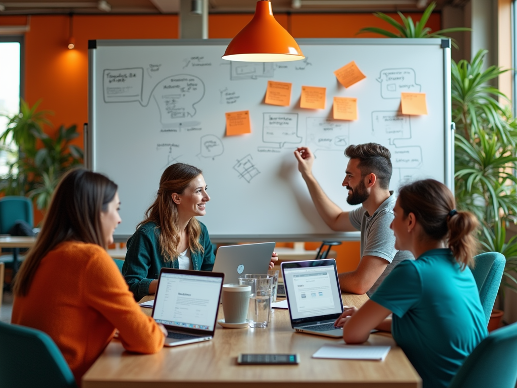 Four professionals collaborating at a table in front of a whiteboard with diagrams and sticky notes.