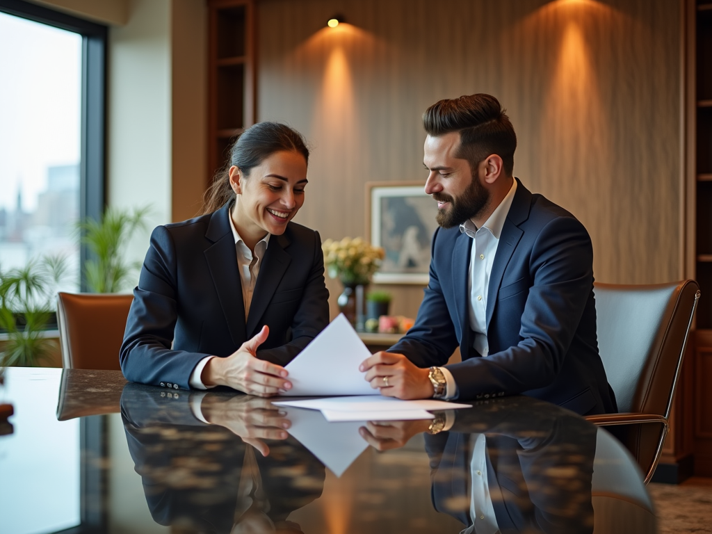 Two professionals discussing documents in a modern office with cityscape view.