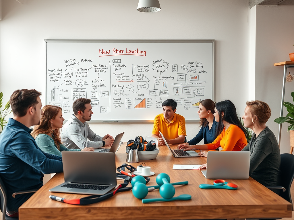 A team of eight people discussing strategies for a new store launch, with a whiteboard covered in notes and diagrams.