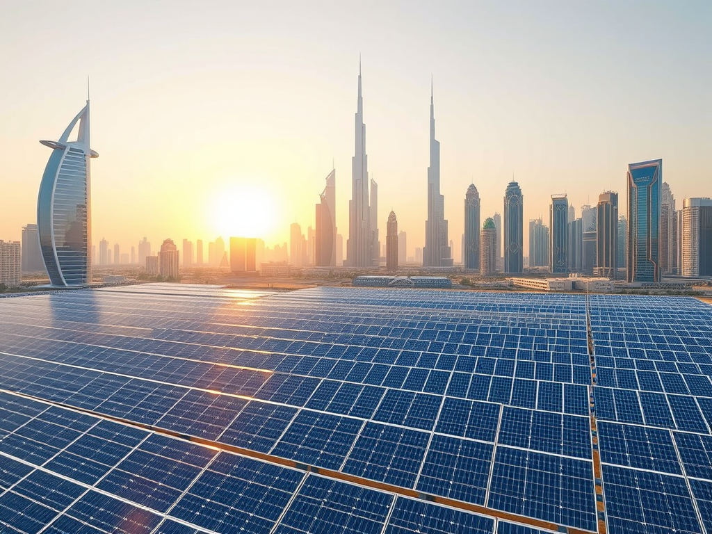 A stunning sunrise over a city skyline, featuring solar panels in the foreground and iconic skyscrapers in the distance.