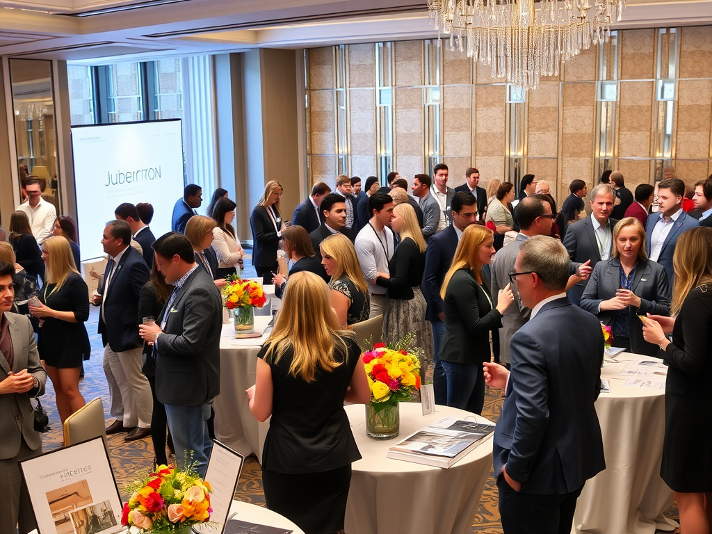 A busy networking event with people mingling around tables decorated with flowers in an elegant venue.