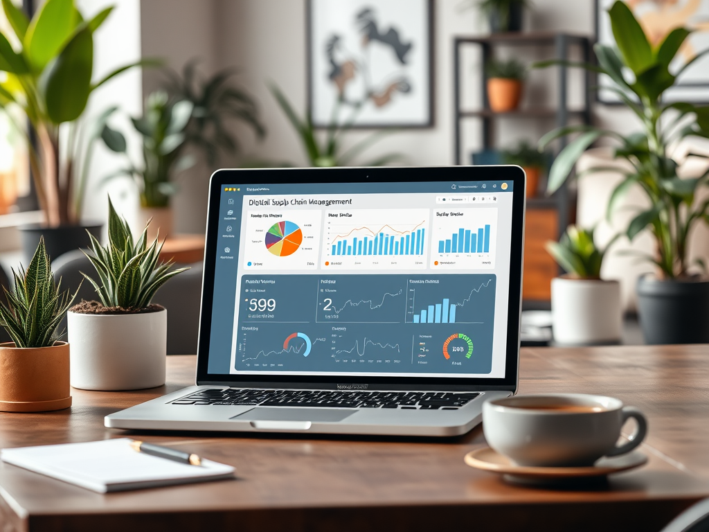 A laptop on a wooden table displays a digital dashboard with charts, plants, and a coffee cup nearby.