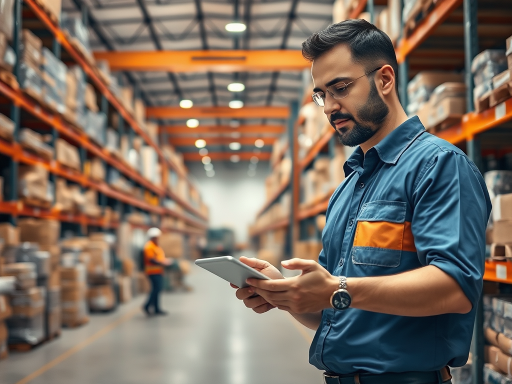 A warehouse employee reviews information on a tablet amidst organized shelves of boxes. Another worker is visible in the background.