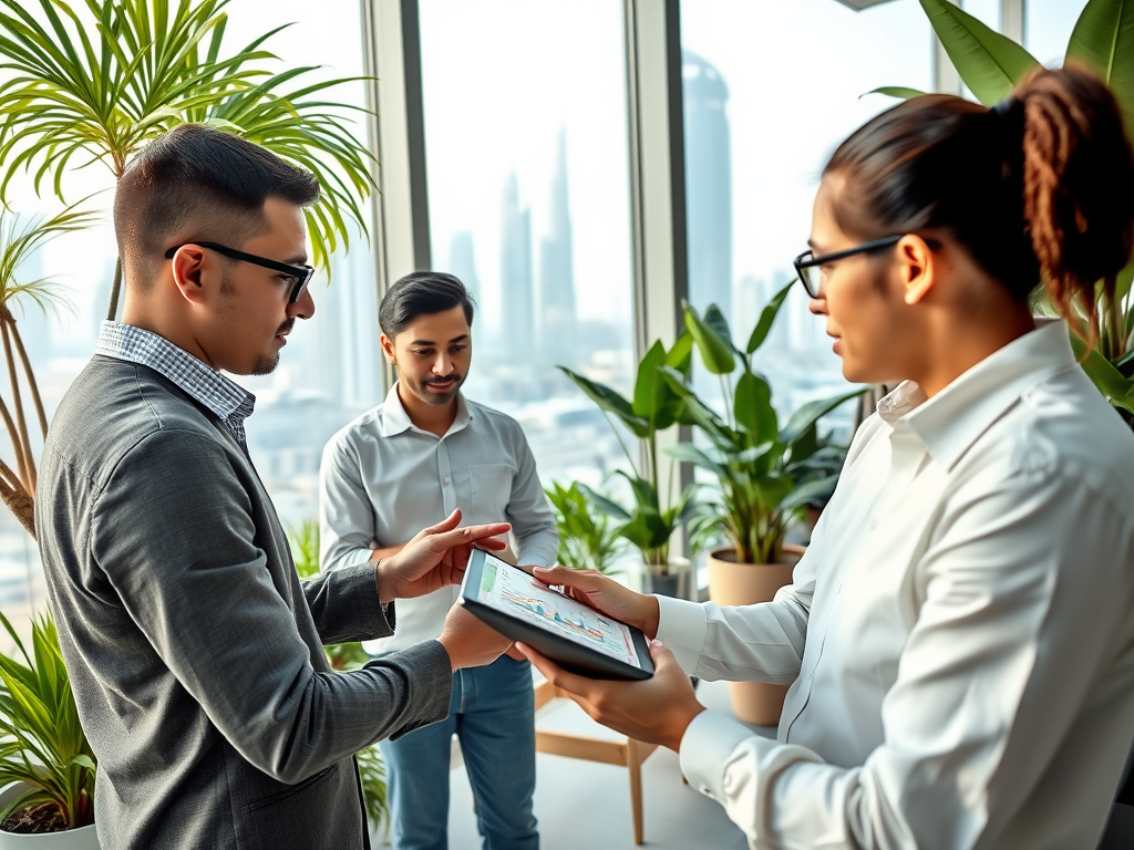 Three professionals discuss a project while using a tablet in a modern office with greenery and a city view.