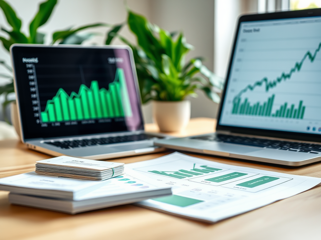 Two laptops displaying green data graphs on a desk with reports and business cards, surrounded by plants.