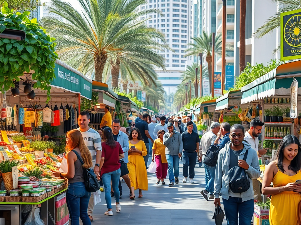 A bustling outdoor market lined with palm trees, showcasing colorful stalls filled with fresh produce and shoppers.