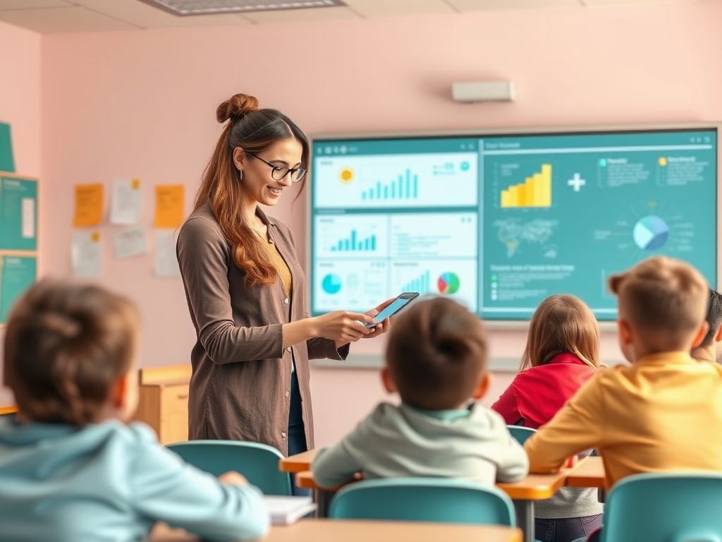 A teacher holds a tablet while addressing students in a classroom with educational charts on the screen.