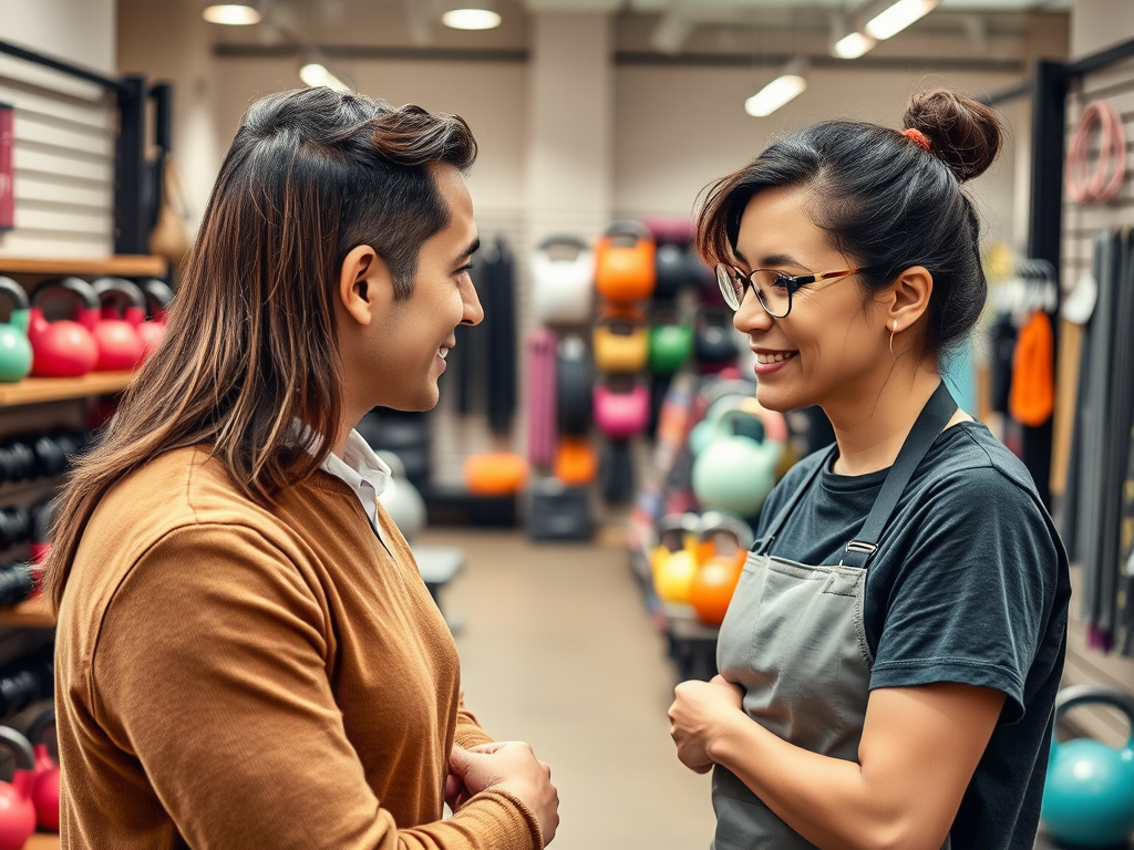 A smiling man and woman converse in a gym, surrounded by exercise equipment and weights.