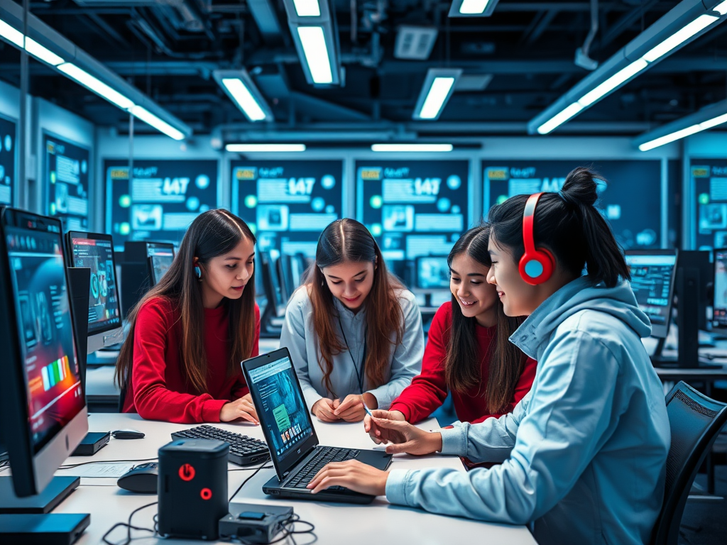 Four young women collaborate around a laptop in a modern tech lab, focused on their work amidst computer screens.