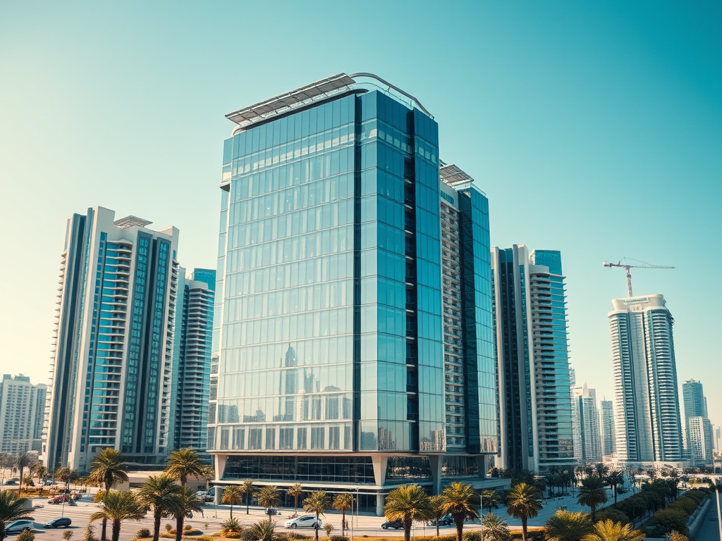 A modern glass building stands tall among other skyscrapers against a clear blue sky, with palm trees in the foreground.