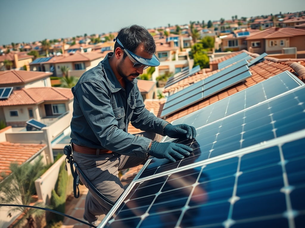 A man installs solar panels on a rooftop, surrounded by houses with solar arrays under a clear sky.