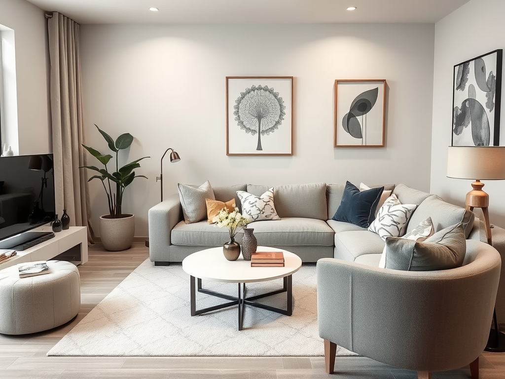 A cozy living room featuring a gray sectional sofa, decorative pillows, a coffee table, and framed wall art.